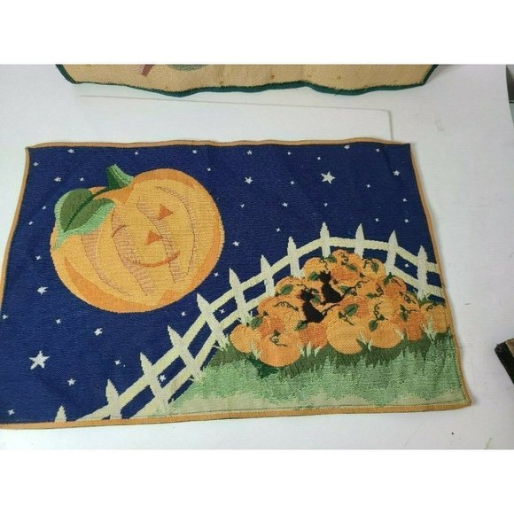 Set Of 2 Halloween Pumpkin Black Cat Pumpkin Patch Woven Cloth Placemats Vintage - Picture 4 of 7